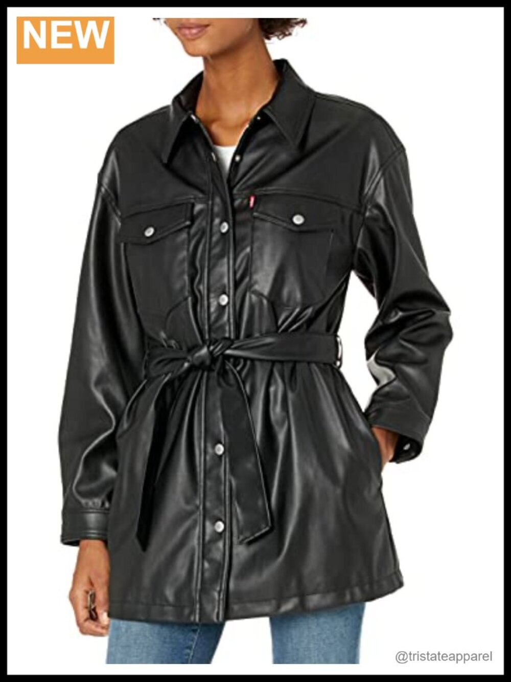 Faux Leather Belted Shirt Jacket with Removable Belt and Zipper Closure